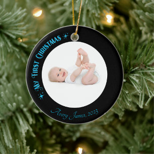 First Christmas Photo Name Custom Modern Black Ceramic Tree Decoration