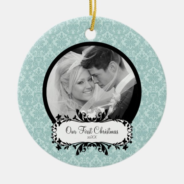 First Christmas Photo Ornament Blue Damask (Front)