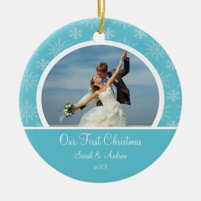 First Christmas Photo Ornament Blue Snowflakes (Front)