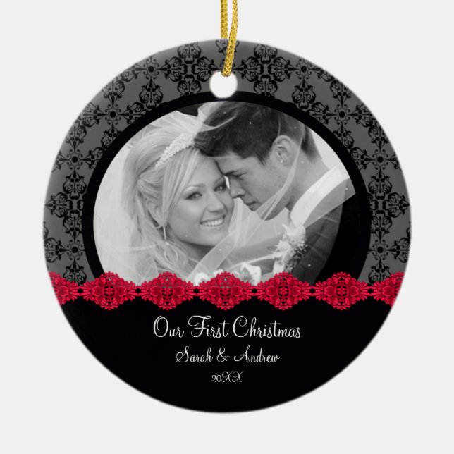 First Christmas Photo Ornament Couple Black Damask (Front)
