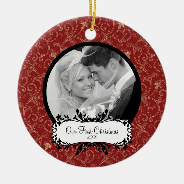 First Christmas Photo Ornament Elegant Swirls (Front)