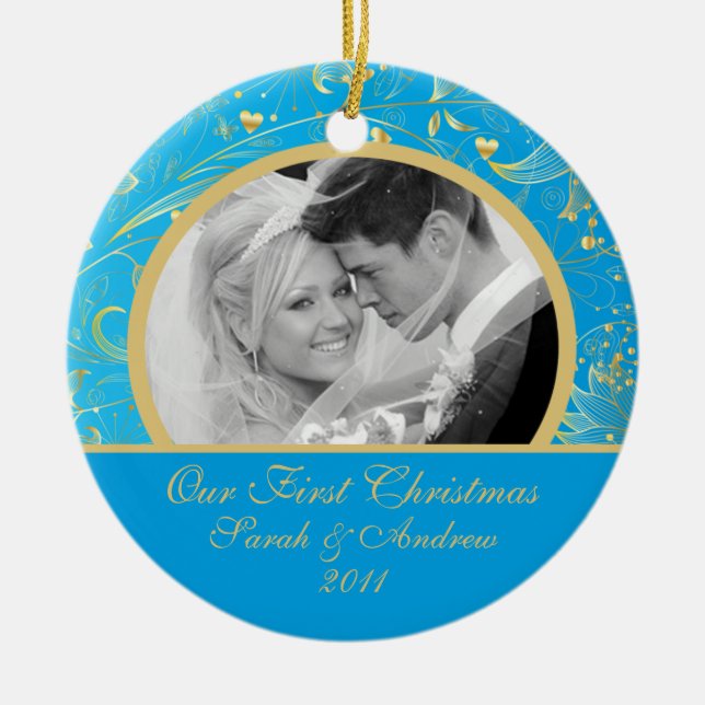 First Christmas Photo Ornament Gold Floral Blue (Front)