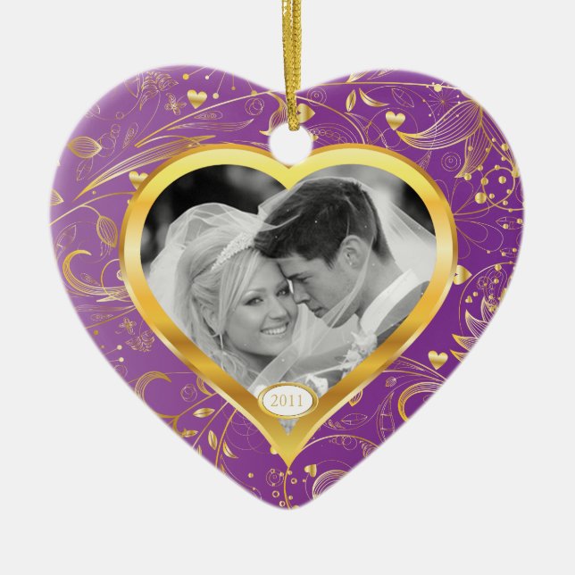 First Christmas Photo Ornament Gold Heart Magenta (Front)
