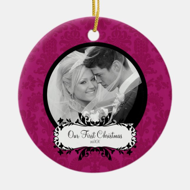 First Christmas Photo Ornament Pink Damask (Front)