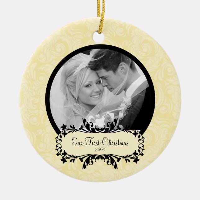 First Christmas Photo Ornament Yellow Damask (Front)