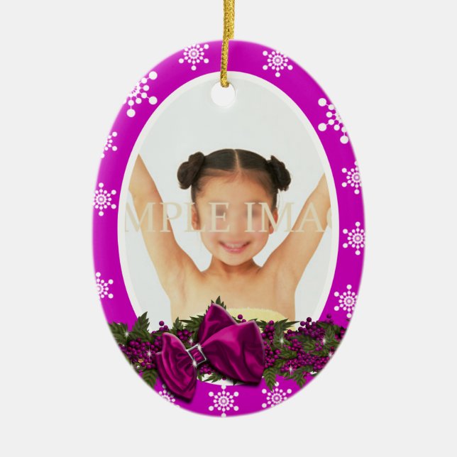 First Christmas photo PERSONALIZE pink Ceramic Tree Decoration (Front)