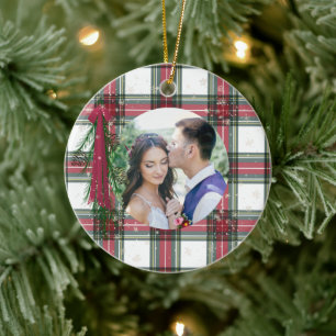 First Christmas Photo Red Plaid Personalised Ceramic Tree Decoration