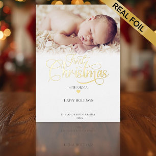 First Christmas Photo Script Heart  Foil Holiday Card
