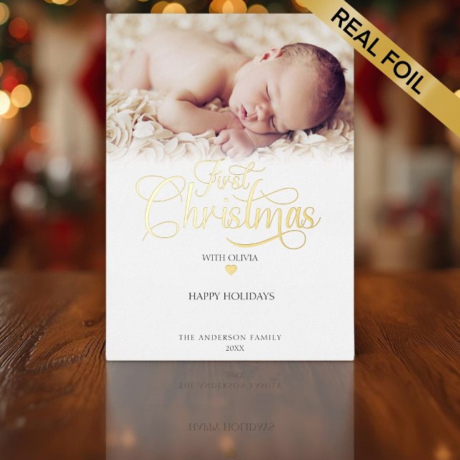 First Christmas Photo Script Heart  Foil Holiday Card (First Christmas Photo Script Heart Foil Holiday Card)