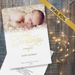 First Christmas Photo Script Heart  Foil Holiday Card