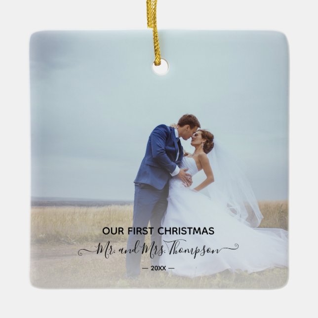 First Christmas Photo Signature Script Newlyweds Ceramic Ornament (Front)