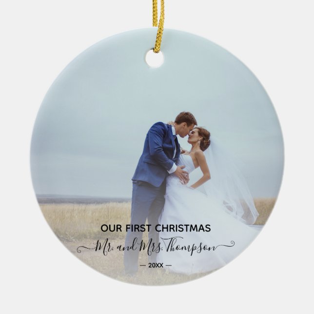 First Christmas Photo Signature Script Newlyweds O Ceramic Tree Decoration (Front)