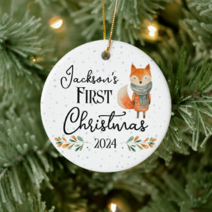First Christmas Photo Watercolor Fox Ceramic Tree Decoration