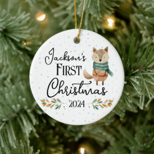First Christmas Photo Watercolor Wolf Ceramic Tree Decoration