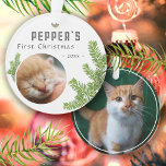 First Christmas Pine Kitten Cat 2 Photo Keepsake Ornament<br><div class="desc">First Christmas Pine Kitten Cat 2 Photo Keepsake Ornament. Cute first Christmas kitten photo ornament with Christmas tree branches. Personalise the ornament with your cat`s photo on the front and on the backside of the ornament, name and year - insert your favourite kitten photo. You can use this custom ornament...</div>