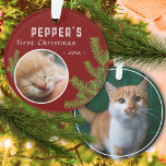 First Christmas Pine Kitten Cat 2 Photo Keepsake Ornament<br><div class="desc">First Christmas Pine Kitten Cat 2 Photo Keepsake Ornament. Cute first Christmas kitten photo ornament with Christmas tree branches. Personalise the ornament with your cat`s photo on the front and on the backside of the ornament, name and year - insert your favourite kitten photo. You can use this custom ornament...</div>