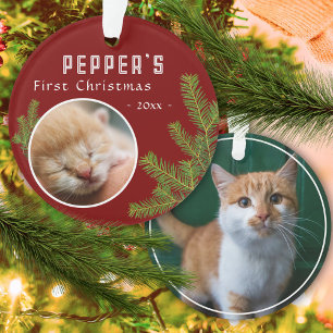 First Christmas Pine Kitten Cat 2 Photo Keepsake Ornament