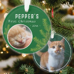 First Christmas Pine Kitten Cat 2 Photo Keepsake Ornament<br><div class="desc">First Christmas Pine Kitten Cat 2 Photo Keepsake Ornament. Cute first Christmas kitten photo ornament with Christmas tree branches. Personalise the ornament with your cat`s photo on the front and on the backside of the ornament, name and year - insert your favourite kitten photo. You can use this custom ornament...</div>