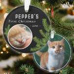First Christmas Pine Kitten Cat 2 Photo Keepsake Ornament<br><div class="desc">First Christmas Pine Kitten Cat 2 Photo Keepsake Ornament. Cute first Christmas kitten photo ornament with Christmas tree branches. Personalise the ornament with your cat`s photo on the front and on the backside of the ornament, name and year - insert your favourite kitten photo. You can use this custom ornament...</div>