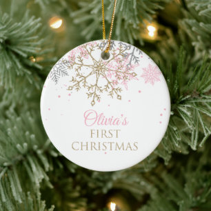 First Christmas Pink and Gold Glitter Snowflake Ceramic Tree Decoration