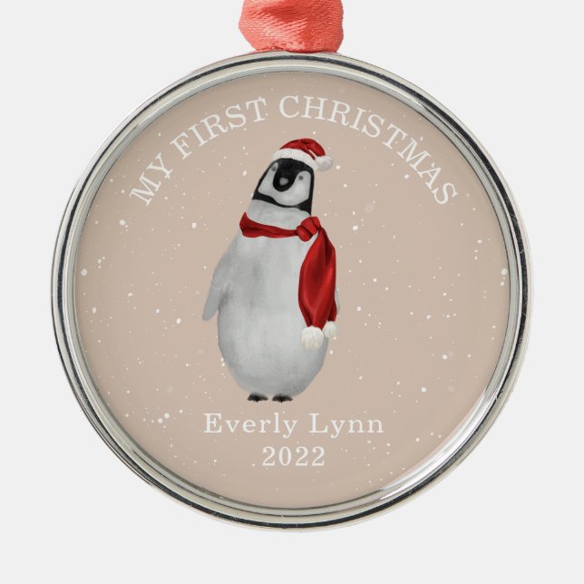 First Christmas Pink Baby Girl Penguin Snow Metal Tree Decoration (Front)