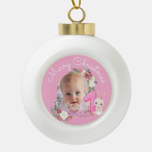 First Christmas Pink Baby Girl Photo floral Ceramic Ball Christmas Ornament