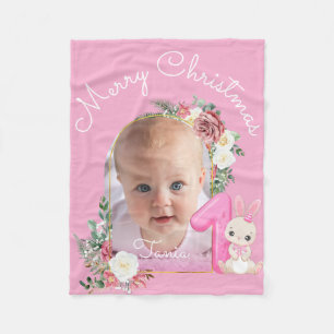 First Christmas Pink Baby Girl Photo floral Fleece Blanket