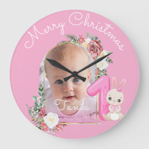 First Christmas Pink Baby Girl Photo floral Large Clock
