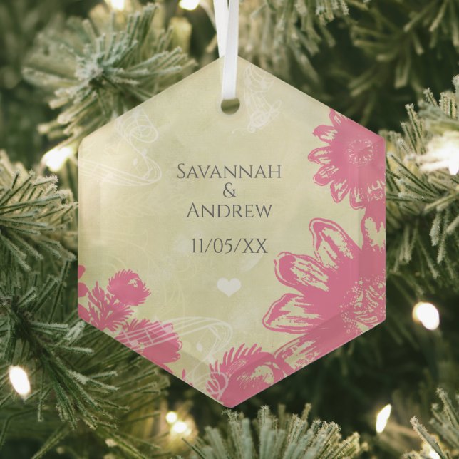 First Christmas Pink Blue Gerber Daisy Christmas Glass Tree Decoration (Insitu)