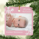First Christmas Pink Custom Photo with Snowflakes Ceramic Ornament<br><div class="desc">Customise this ornament with your family photo and add your family name along with the year for this great Christmas keepsake.</div>
