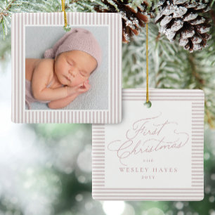 First Christmas pink seersucker frame cute photo Ceramic Ornament