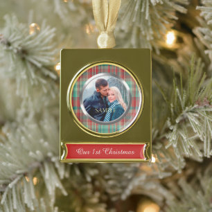 First Christmas Plaid Gold Plated Banner Ornament