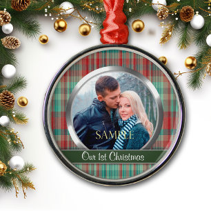 First Christmas Plaid Photo Template Metal Tree Decoration
