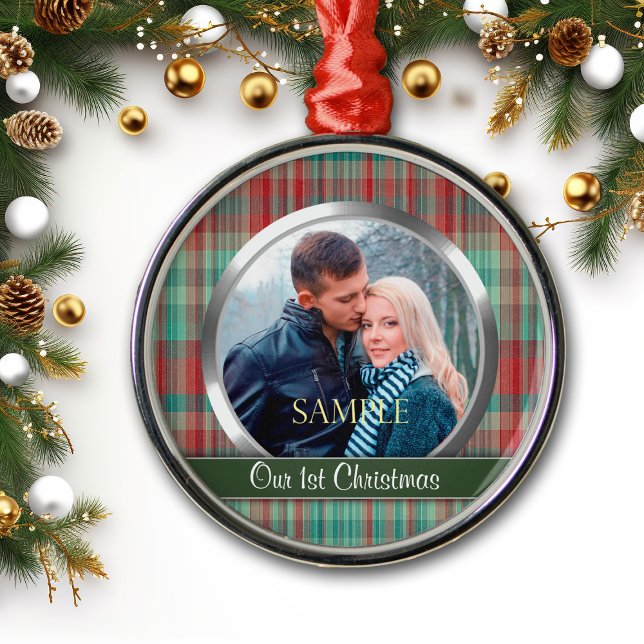 First Christmas Plaid Photo Template Metal Tree Decoration (Creator Uploaded)