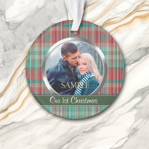 First Christmas Plaid Photo Template Ornament