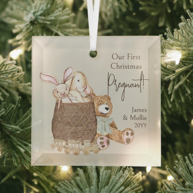 First Christmas Pregnant Teddy Bear and Toy Basket Glass Tree Decoration (Insitu)