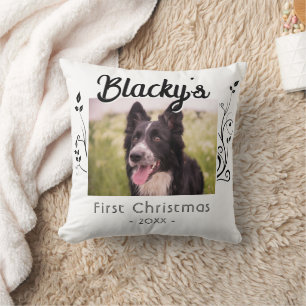 First Christmas Puppy Foliage Red Photo Cushion