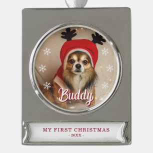 First Christmas Puppy Name Photo Snowflakes Silver Plated Banner Ornament