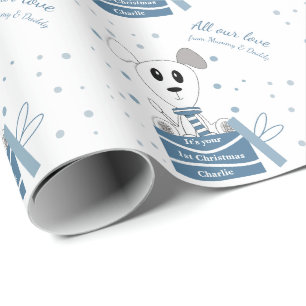 First Christmas Puppy on Presents (Winter Blue) Wrapping Paper