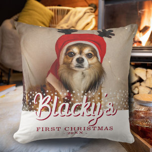 First Christmas Puppy Photo White Stars Cushion