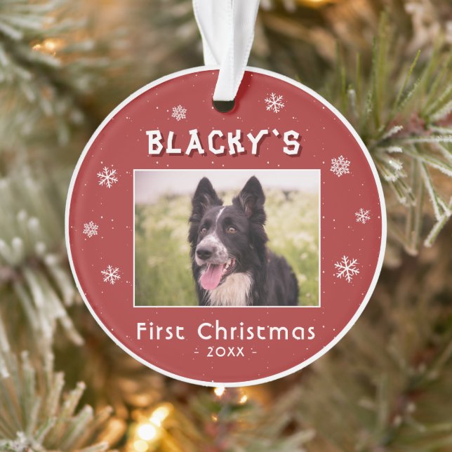 First Christmas Puppy Red Snowflakes Photo Ornament (Tree)