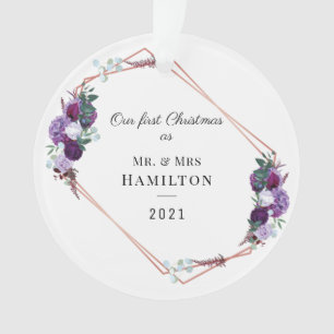First Christmas Purple Floral Geometric Frame Ornament