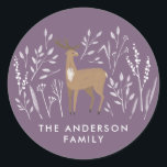 First Christmas purple reindeers delicate 1 photo Classic Round Sticker<br><div class="desc">First Christmas purple reindeer delicate 1 photo elegant modern holiday favour design. Part of a stunning collection.</div>