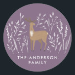 First Christmas purple reindeers delicate 1 photo Classic Round Sticker<br><div class="desc">First Christmas purple reindeer delicate 1 photo elegant modern holiday favour design. Part of a stunning collection.</div>