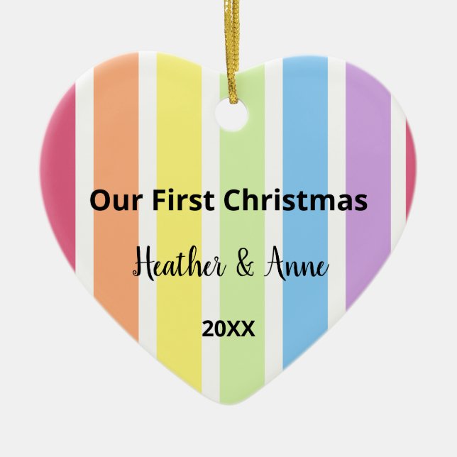 First Christmas Rainbow White Stripes Pastel Ceramic Tree Decoration (Front)