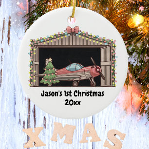 First Christmas Red Aeroplane Tree Hangar Pilot Bo Ceramic Tree Decoration