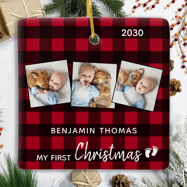 First Christmas Red Buffalo Plaid 3 Photo Baby  Ceramic Ornament (Creator Uploaded)