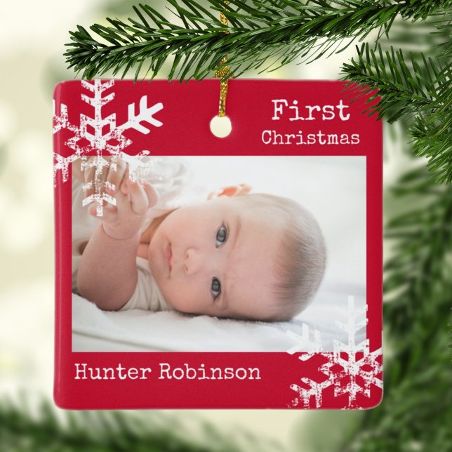 First Christmas Red Custom Photo with Snowflakes Ceramic Ornament (Rustic snowflake family holiday keepsake photo ornament perfect for gifts to bring joy to others.)