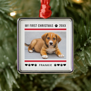 First Christmas Red Pet Dog Personalised Photo Metal Tree Decoration
