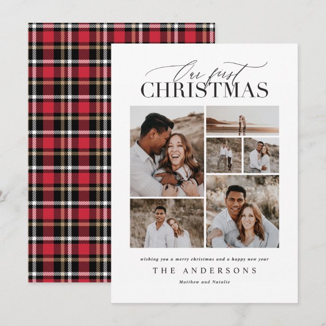 First Christmas red plaid photo collage modern Thank You Card (Front/Back)